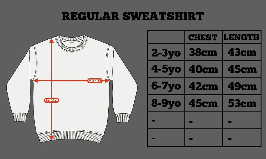 Measurement chart for a sweatshirt with size chart on a gray background by Tout Est Fichu